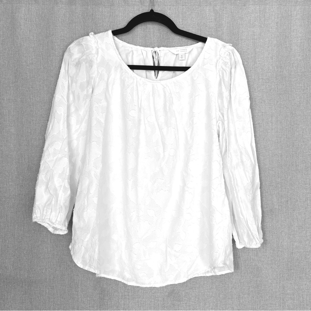 NWOT LC Lauren Conrad White Flowy Puff-Sleeve Popover Top Floral Blouse Size S
